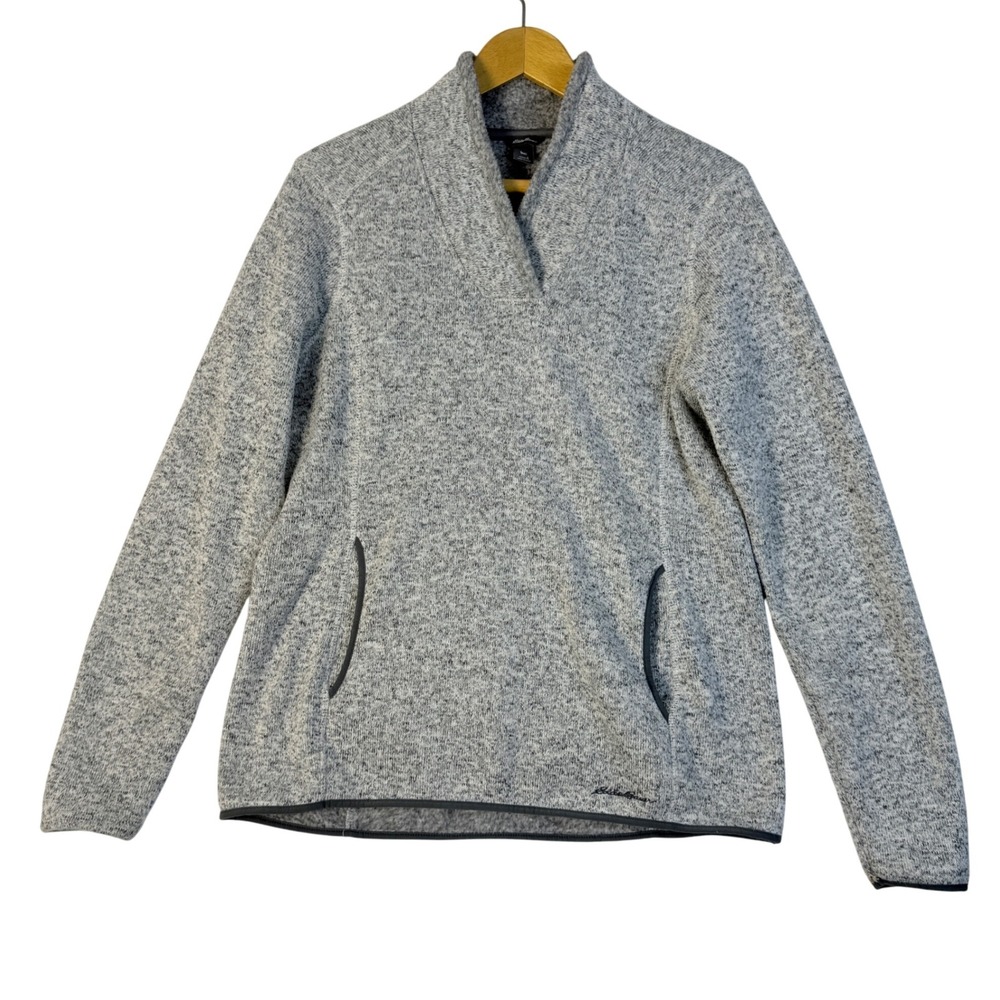 Eddie Bauer Women's V Neck Gray Speckled Fleece Pullover Sweatshirt Size L